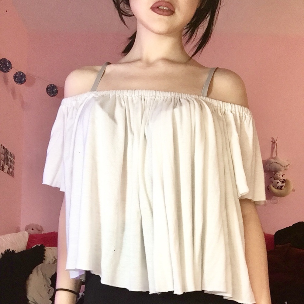 women’s white, open shoulder shirt